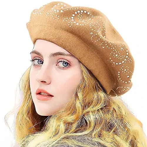 LADYBRO Rhinestone Beret Hats for Women 2 Layers Wool French Knit Cap Lady Winter Black - 1