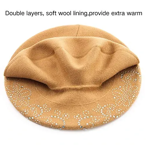 LADYBRO Rhinestone Beret Hats for Women 2 Layers Wool French Knit Cap Lady Winter Black - 3