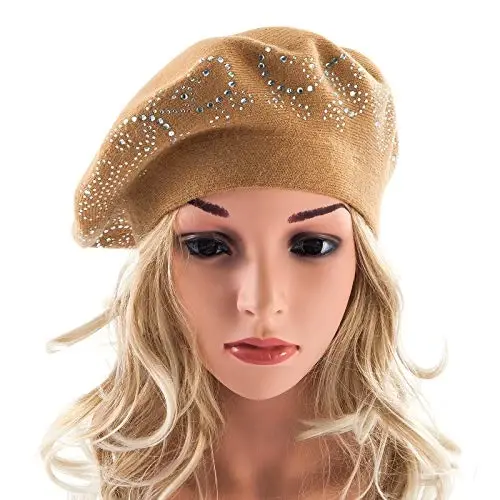 LADYBRO Rhinestone Beret Hats for Women 2 Layers Wool French Knit Cap Lady Winter Black - 4