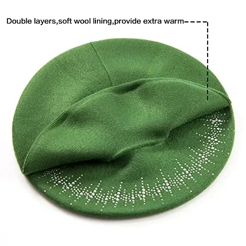 LADYBRO Rhinestone Beret Hats for Women 2 Layers Wool French Knit Cap Lady Winter Black - 3