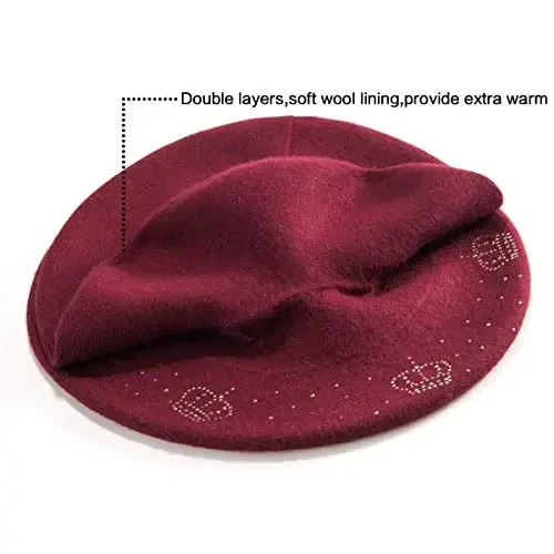 LADYBRO Rhinestone Beret Hats for Women 2 Layers Wool French Knit Cap Lady Winter Black - 3