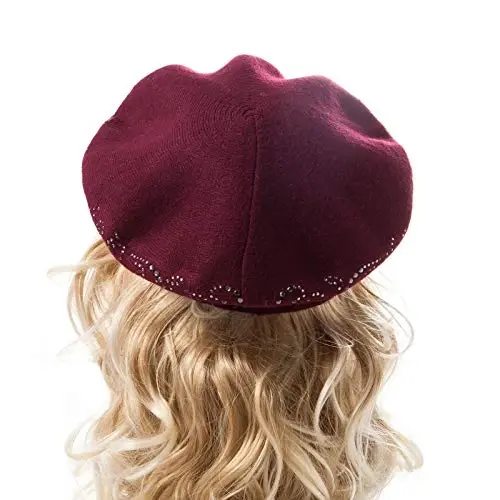 LADYBRO Rhinestone Beret Hats for Women 2 Layers Wool French Knit Cap Lady Winter Black - 4