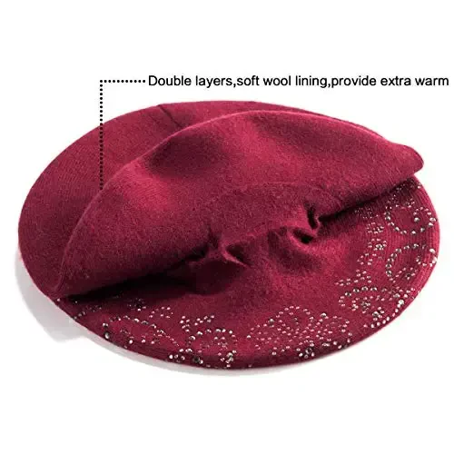 LADYBRO Rhinestone Beret Hats for Women 2 Layers Wool French Knit Cap Lady Winter Black - 3