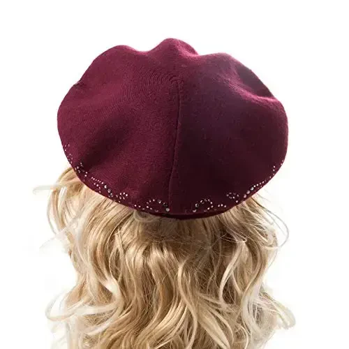 LADYBRO Rhinestone Beret Hats for Women 2 Layers Wool French Knit Cap Lady Winter Black - 5