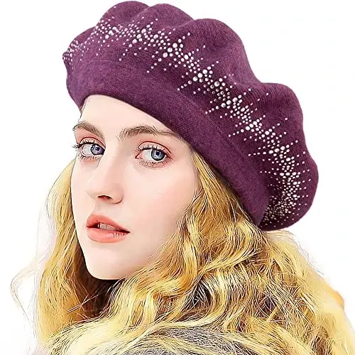 LADYBRO Rhinestone Beret Hats for Women 2 Layers Wool French Knit Cap Lady Winter Black - LADYBRO