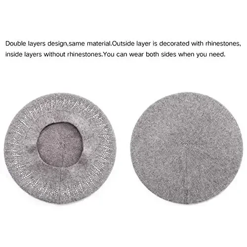 LADYBRO Rhinestone Beret Hats for Women 2 Layers Wool French Knit Cap Lady Winter Black - LADYBRO (1)