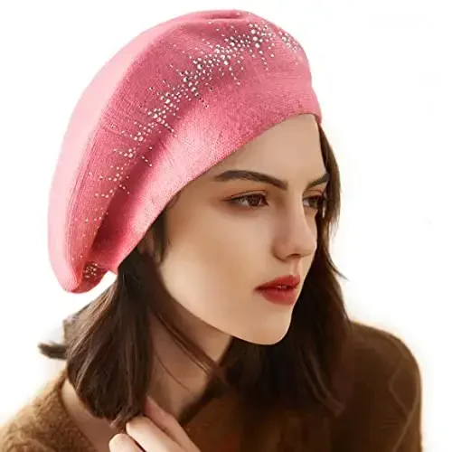 LADYBRO Rhinestone Beret Hats for Women 2 Layers Wool French Knit Cap Lady Winter Black - 5