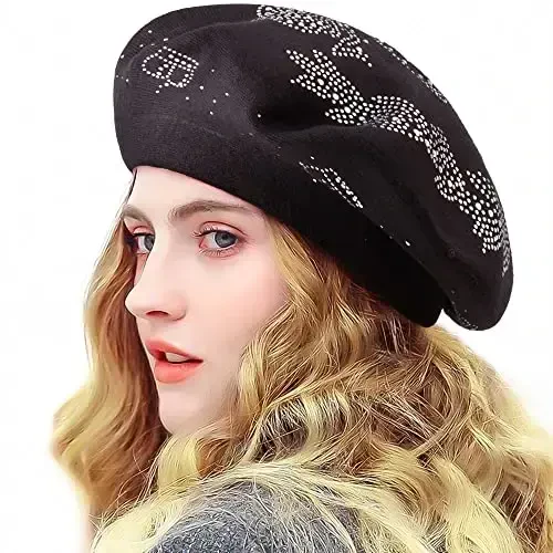 LADYBRO Rhinestone Beret Hats for Women 2 Layers Wool French Knit Cap Lady Winter Black 