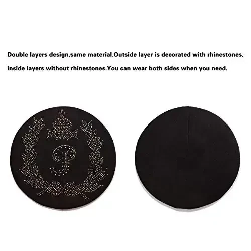 LADYBRO Rhinestone Beret Hats for Women 2 Layers Wool French Knit Cap Lady Winter Black - 2