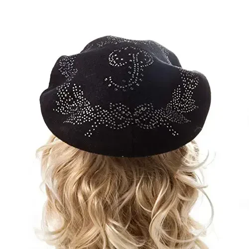 LADYBRO Rhinestone Beret Hats for Women 2 Layers Wool French Knit Cap Lady Winter Black - 4