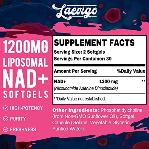 Laevigo 1200mg Liposomal NAD+ Supplement, Ultra Purity Actual NAD Supplement, Enhanced Absorption, Boosting NAD+, Age Defense, Energy, Metabolic Repair, 360 Softgels - 2