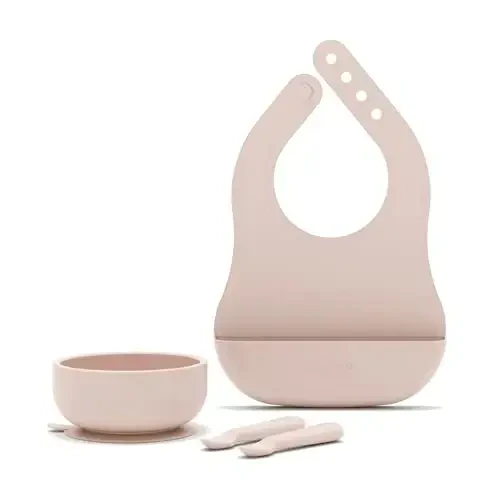 Lalo First Bites Silicone Baby Feeding Set - Baby Led Weaning Supplies - Non-Toxic Silicone - Includes 1 Bib, 2 Spoons, Training Cup, Suction Plate and Bowl - 6 Pieces - Grapefruit - 1