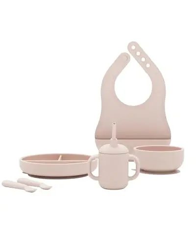 Lalo First Bites Silicone Baby Feeding Set - Baby Led Weaning Supplies - Non-Toxic Silicone - Includes 1 Bib, 2 Spoons, Training Cup, Suction Plate and Bowl - 6 Pieces - Grapefruit - LALO