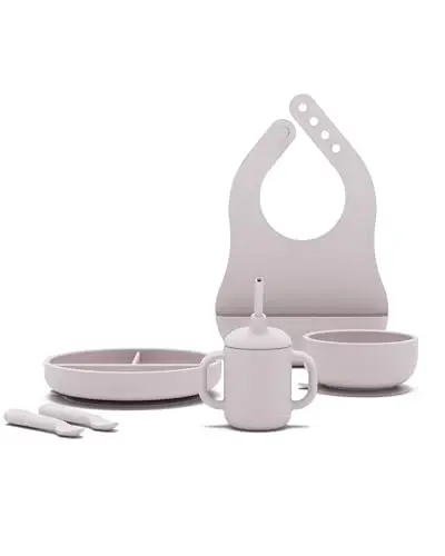 Lalo First Bites Silicone Baby Feeding Set - Baby Led Weaning Supplies - Non-Toxic Silicone - Includes 1 Bib, 2 Spoons, Training Cup, Suction Plate and Bowl - 6 Pieces - Lavender 