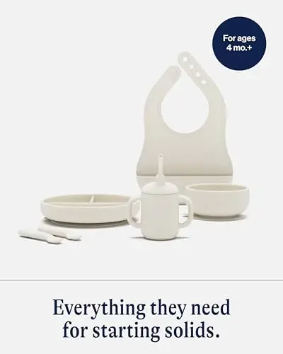 Lalo First Bites Silicone Baby Feeding Set - Baby Led Weaning Supplies - Non-Toxic Silicone - Includes 1 Bib, 2 Spoons, Training Cup, Suction Plate and Bowl - 6 Pieces - Oatmeal - 4