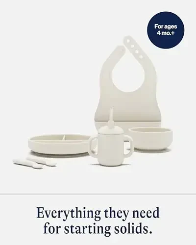 Lalo First Bites Silicone Baby Feeding Set - Baby Led Weaning Supplies - Non-Toxic Silicone - Includes 1 Bib, 2 Spoons, Training Cup, Suction Plate and Bowl - 6 Pieces - Oatmeal - 5