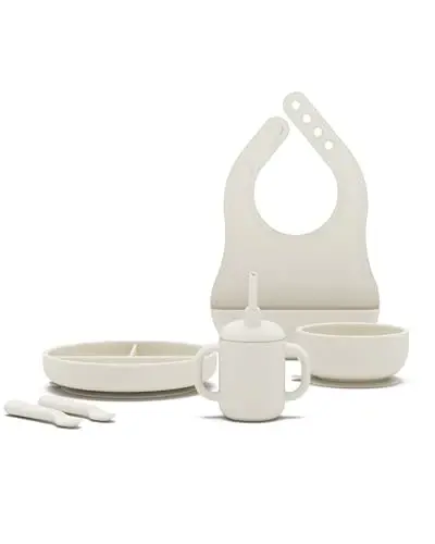 Lalo First Bites Silicone Baby Feeding Set - Baby Led Weaning Supplies - Non-Toxic Silicone - Includes 1 Bib, 2 Spoons, Training Cup, Suction Plate and Bowl - 6 Pieces - Oatmeal 