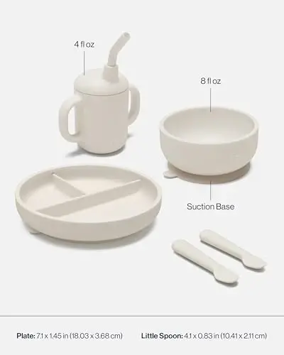 Lalo First Bites Silicone Baby Feeding Set - Baby Led Weaning Supplies - Non-Toxic Silicone - Includes 1 Bib, 2 Spoons, Training Cup, Suction Plate and Bowl - 6 Pieces - Oatmeal - 5