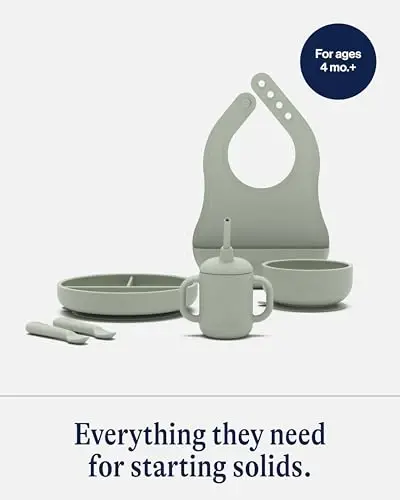 Lalo First Bites Silicone Baby Feeding Set - Baby Led Weaning Supplies - Non-Toxic Silicone - Includes 1 Bib, 2 Spoons, Training Cup, Suction Plate and Bowl - 6 Pieces - Sage - 3
