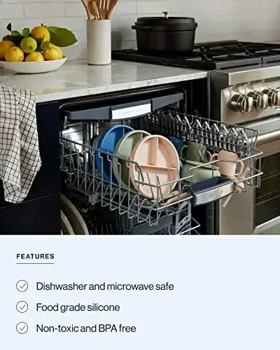 Lalo First Bites Silicone Baby Feeding Set - Baby Led Weaning Supplies - Non-Toxic Silicone - Includes 2 Bibs, 2 Spoons, Training Cup, Suction Plate and Bowl - 6 Pieces - Blueberry - 2