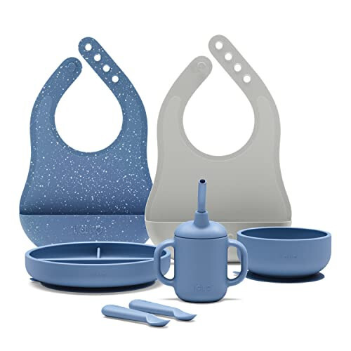 Lalo First Bites Silicone Baby Feeding Set - Baby Led Weaning Supplies - Non-Toxic Silicone - Includes 2 Bibs, 2 Spoons, Training Cup, Suction Plate and Bowl - 6 Pieces - Blueberry - 1