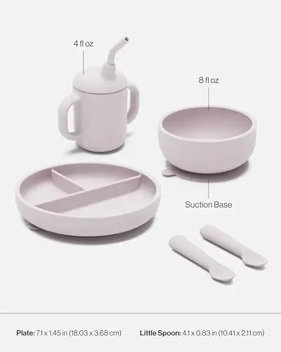 Lalo First Bites Silicone Baby Feeding Set - Baby Led Weaning Supplies - Non-Toxic Silicone - Includes 2 Spoons, Training Cup, & Suction Bowl - 4 Pieces - Lavender - 5