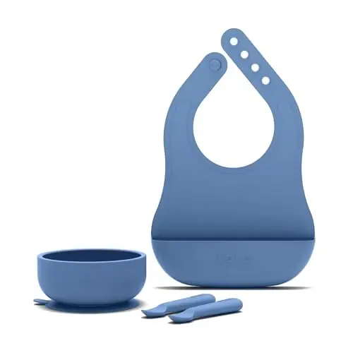 Lalo First Bites Starting Solids Silicone Baby Feeding Set with Suction Bowl, 2 Spoons and 1 Bib - 4-Piece Baby-Led Weaning Supplies - Non-Toxic Silicone Infant Tableware - Blueberry - LALO