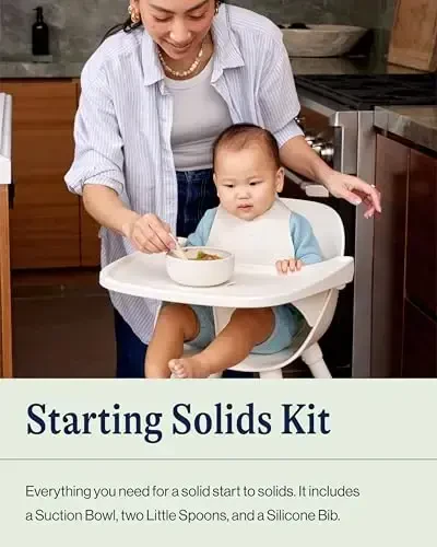 Lalo First Bites Starting Solids Silicone Baby Feeding Set with Suction Bowl, 2 Spoons and 1 Bib - 4-Piece Baby-Led Weaning Supplies - Non-Toxic Silicone Infant Tableware - Grapefruit - LALO (1)