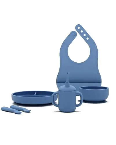 Lalo First Bites Starting Solids Silicone Baby Feeding Set with Suction Bowl, 2 Spoons and 1 Bib - 4-Piece Baby-Led Weaning Supplies - Non-Toxic Silicone Infant Tableware - Grapefruit - 1