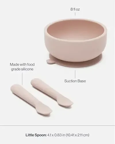 Lalo First Bites Starting Solids Silicone Baby Feeding Set with Suction Bowl, 2 Spoons and 1 Bib - 4-Piece Baby-Led Weaning Supplies - Non-Toxic Silicone Infant Tableware - Grapefruit - 4