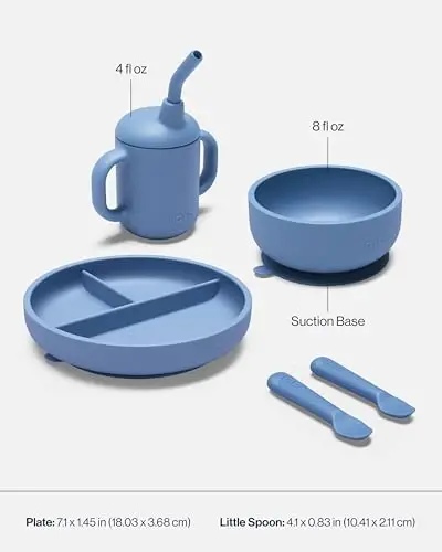 Lalo First Bites Starting Solids Silicone Baby Feeding Set with Suction Bowl, 2 Spoons and 1 Bib - 4-Piece Baby-Led Weaning Supplies - Non-Toxic Silicone Infant Tableware - Grapefruit - 5