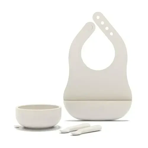 Lalo First Bites Starting Solids Silicone Baby Feeding Set with Suction Bowl, 2 Spoons and 1 Bib - 4-Piece Baby-Led Weaning Supplies - Non-Toxic Silicone Infant Tableware - Oatmeal - 1