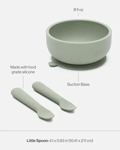Lalo First Bites Starting Solids Silicone Baby Feeding Set with Suction Bowl, 2 Spoons and 1 Bib - 4-Piece Baby-Led Weaning Supplies - Non-Toxic Silicone Infant Tableware - Sage - 4