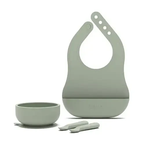 Lalo First Bites Starting Solids Silicone Baby Feeding Set with Suction Bowl, 2 Spoons and 1 Bib - 4-Piece Baby-Led Weaning Supplies - Non-Toxic Silicone Infant Tableware - Sage - LALO
