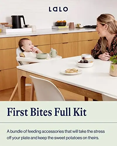 Lalo First Bites Starting Solids Silicone Baby Feeding Set with Suction Bowl, 2 Spoons and 1 Bib - 4-Piece Baby-Led Weaning Supplies - Non-Toxic Silicone Infant Tableware - Grapefruit - LALO (1)