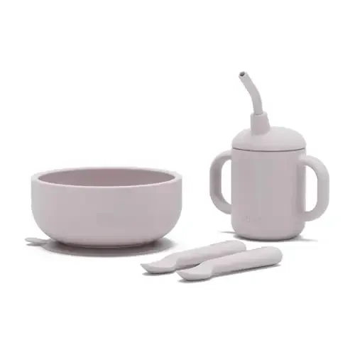 Lalo First Bites Silicone Baby Feeding Set - Baby Led Weaning Supplies - Non-Toxic Silicone - Includes 2 Spoons, Training Cup, & Suction Bowl - 4 Pieces - Lavender - 1