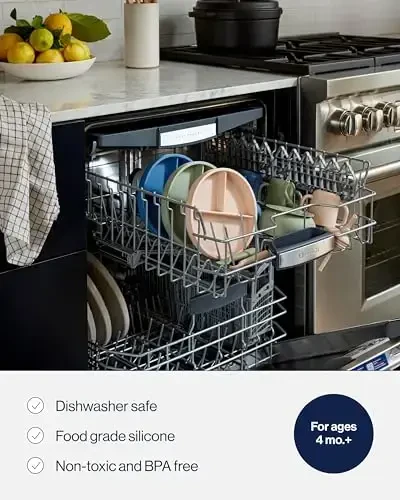 Lalo First Bites Silicone Baby Feeding Set - Baby Led Weaning Supplies - Non-Toxic Silicone - Includes 2 Spoons, Training Cup, & Suction Bowl - 4 Pieces - Lavender - 3