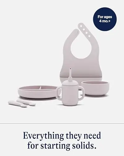 Lalo First Bites Silicone Baby Feeding Set - Baby Led Weaning Supplies - Non-Toxic Silicone - Includes 1 Bib, 2 Spoons, Training Cup, Suction Plate and Bowl - 6 Pieces - Lavender - 3