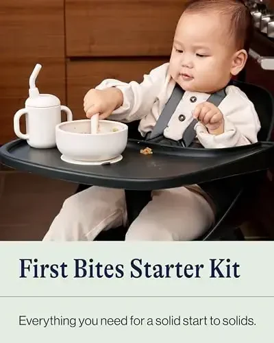 Lalo First Bites Silicone Baby Feeding Set - Baby Led Weaning Supplies - Non-Toxic Silicone - Includes 1 Bib, 2 Spoons, Training Cup, Suction Plate and Bowl - 6 Pieces - Lavender - 2