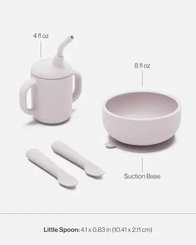 Lalo First Bites Silicone Baby Feeding Set - Baby Led Weaning Supplies - Non-Toxic Silicone - Includes 1 Bib, 2 Spoons, Training Cup, Suction Plate and Bowl - 6 Pieces - Lavender - 4