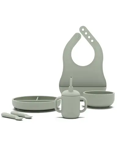 Lalo First Bites Silicone Baby Feeding Set - Baby Led Weaning Supplies - Non-Toxic Silicone - Includes 1 Bib, 2 Spoons, Training Cup, Suction Plate and Bowl - 6 Pieces - Sage - 1