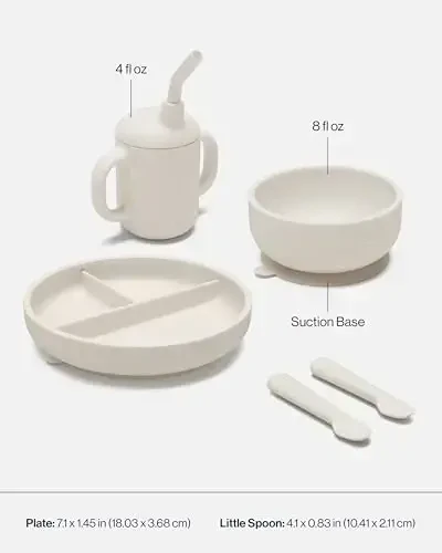 Lalo First Bites Silicone Baby Feeding Set - Baby Led Weaning Supplies - Non-Toxic Silicone - Includes 1 Bib, 2 Spoons, Training Cup, Suction Plate and Bowl - 6 Pieces - Oatmeal 