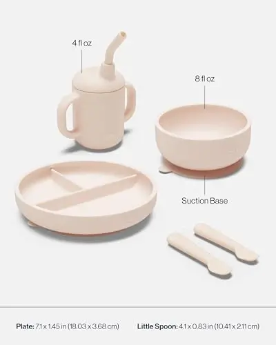 Lalo First Bites Silicone Baby Feeding Set - Baby Led Weaning Supplies - Non-Toxic Silicone - Includes 1 Bib, 2 Spoons, Training Cup, Suction Plate and Bowl - 6 Pieces - Grapefruit - 5