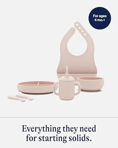 Lalo First Bites Silicone Baby Feeding Set - Baby Led Weaning Supplies - Non-Toxic Silicone - Includes 1 Bib, 2 Spoons, Training Cup, Suction Plate and Bowl - 6 Pieces - Grapefruit - 3