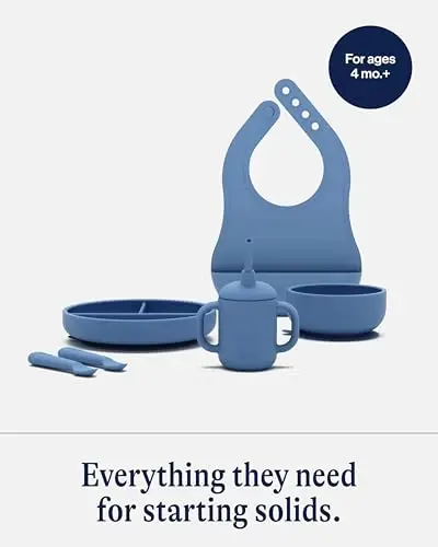 Lalo First Bites Silicone Baby Feeding Set - Baby Led Weaning Supplies - Non-Toxic Silicone - Includes 1 Bib, 2 Spoons, Training Cup, Suction Plate and Bowl - 6 Pieces - Blueberry - 5