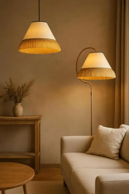 ⭐️Lambader + Tekli Sarkıt -- Çise Set Krem Sarı Patine Abajur ⭐️Krem Şapka Bohem Tarzın Modern Hali-Bej - VENON