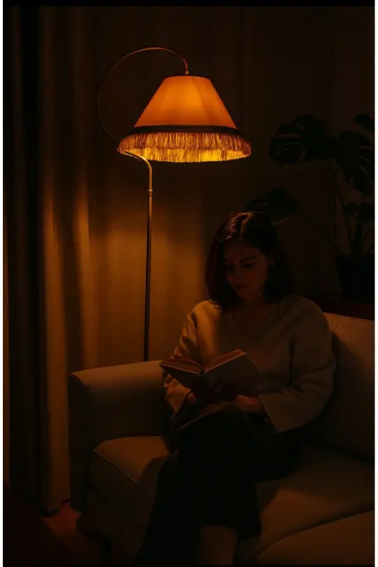 ⭐️Lambader + Tekli Sarkıt -- Çise Set Krem Sarı Patine Abajur ⭐️Krem Şapka Bohem Tarzın Modern Hali-Bej - 2