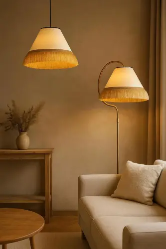 ⭐️Lambader + Tekli Sarkıt -- Çise Set Krem Sarı Patine Abajur ⭐️Krem Şapka Bohem Tarzın Modern Hali-Bej - 1