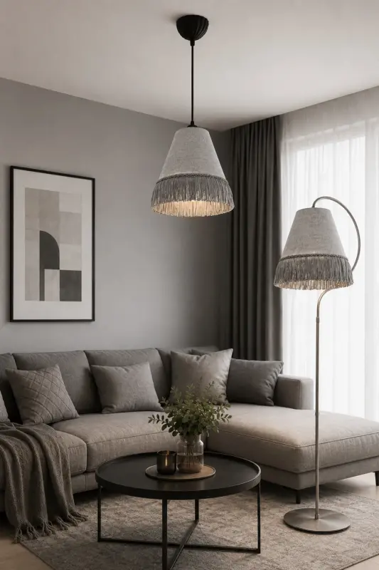 ⭐️Lambader + Tekli Sarkıt⭐️ Çise Set Siyah Gümüş Patine ⭐️Abajur GRİ Şapka Bohem Tarzın Modern Hali - Gümüş 2 SET - 1