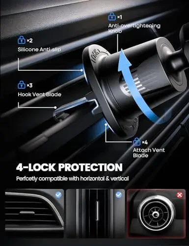 Lamicall 2024 Wider Clamp & Metal Hook Car Phone Holder Vent [Thick Cases Friendly] Phone Holders for Your Car Mount Automobile Hands Free Cradle Air Vent for iPhone 15 14 13 Pro Max Smartphone - 6